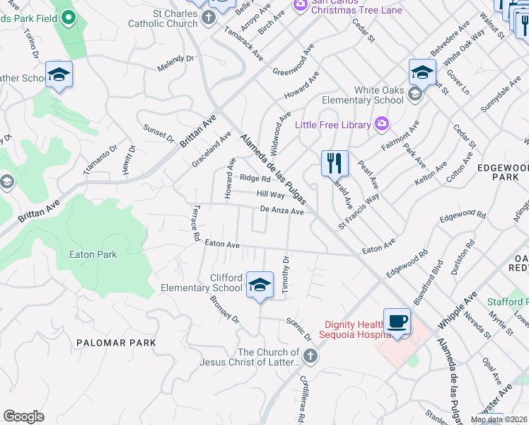 map of restaurants, bars, coffee shops, grocery stores, and more near 388 De Anza Avenue in San Carlos