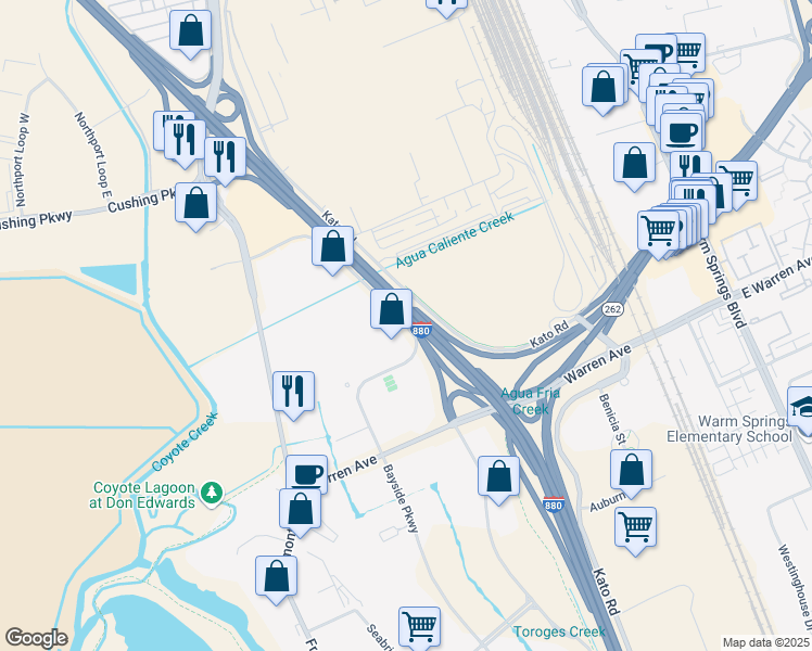 map of restaurants, bars, coffee shops, grocery stores, and more near 46100 Landing Parkway in Fremont