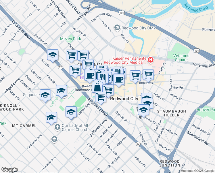 map of restaurants, bars, coffee shops, grocery stores, and more near in Redwood City