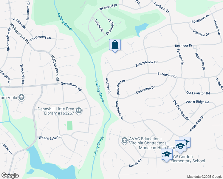 map of restaurants, bars, coffee shops, grocery stores, and more near 141 Avebury Drive in Richmond