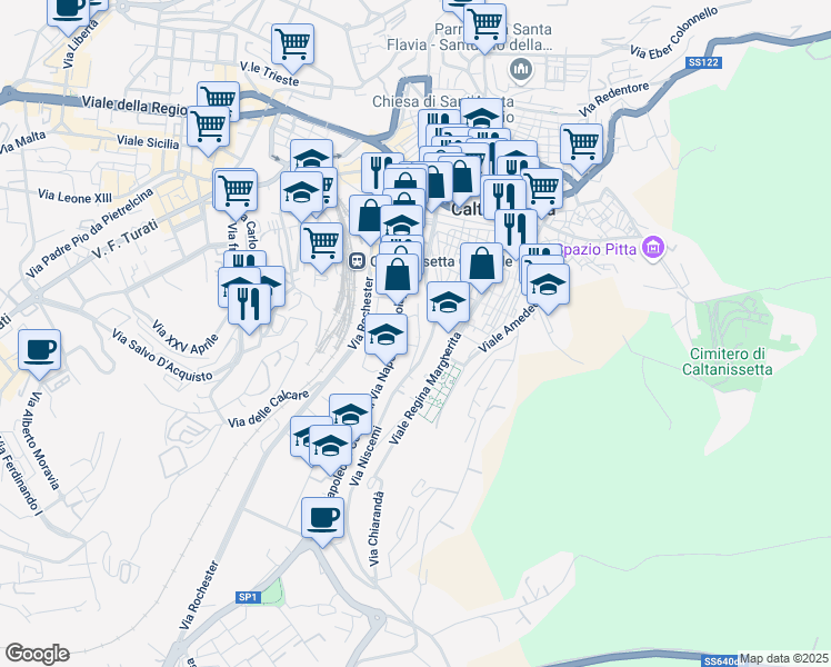 map of restaurants, bars, coffee shops, grocery stores, and more near 2-10 Via Ruggero VII in Caltanissetta