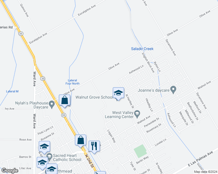 map of restaurants, bars, coffee shops, grocery stores, and more near 342 Olive Avenue in Patterson