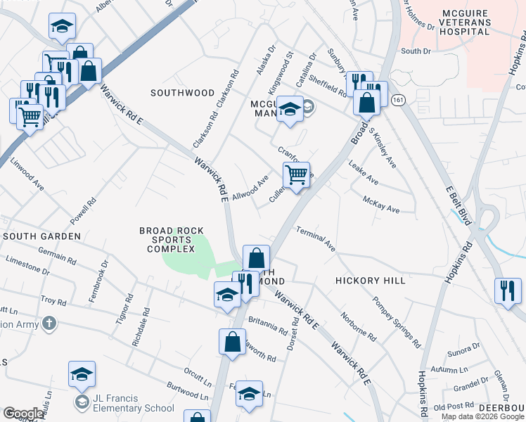 map of restaurants, bars, coffee shops, grocery stores, and more near 2237 Cullen Road in Richmond