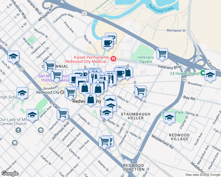 map of restaurants, bars, coffee shops, grocery stores, and more near 1833 Broadway in Redwood City