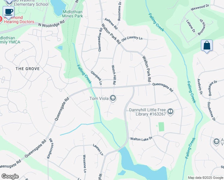map of restaurants, bars, coffee shops, grocery stores, and more near 13001 Queensgate Road in Midlothian