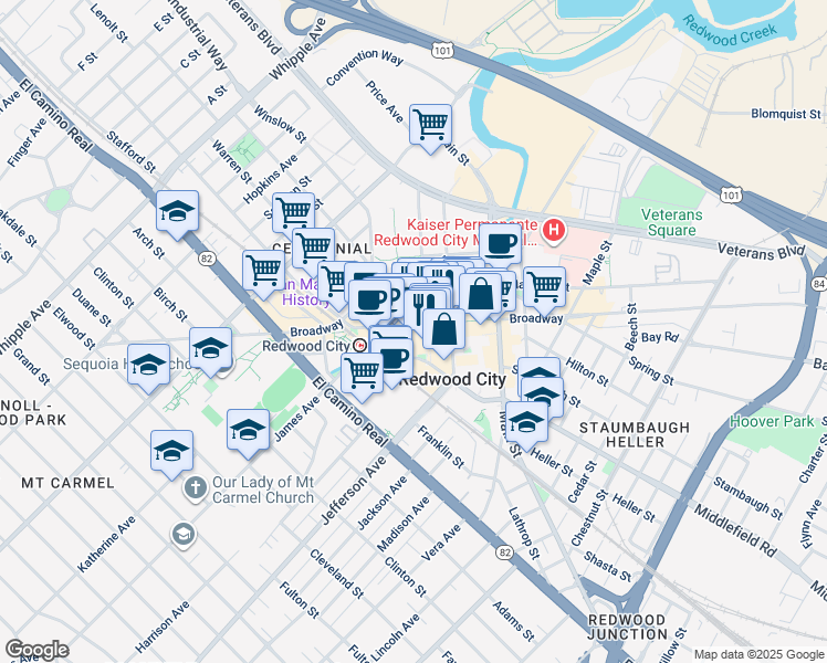 map of restaurants, bars, coffee shops, grocery stores, and more near in Redwood City