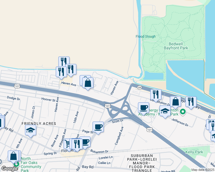 map of restaurants, bars, coffee shops, grocery stores, and more near 3645 Haven Avenue in Menlo Park