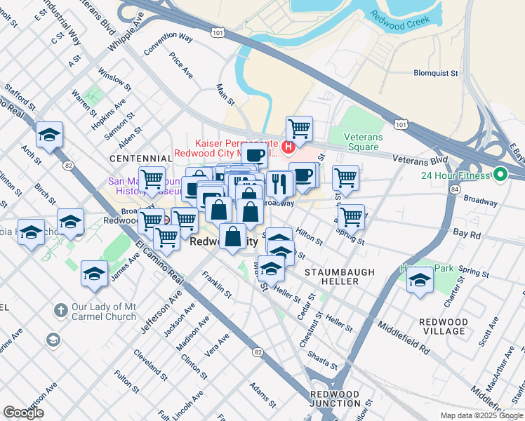 map of restaurants, bars, coffee shops, grocery stores, and more near 1991 Broadway in Redwood City