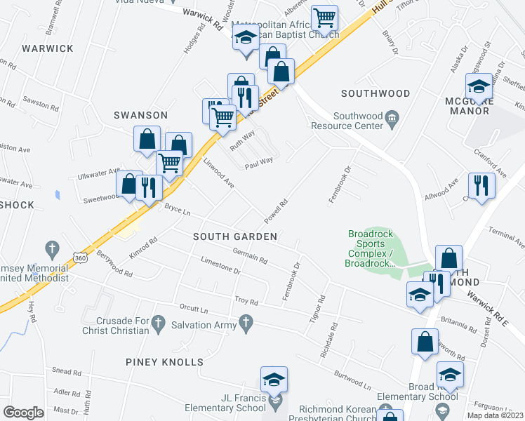 map of restaurants, bars, coffee shops, grocery stores, and more near 5308 Linwood Avenue in Richmond
