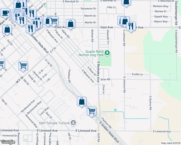 map of restaurants, bars, coffee shops, grocery stores, and more near 1156 South Rose Street in Turlock
