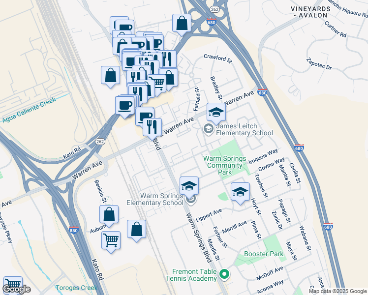 map of restaurants, bars, coffee shops, grocery stores, and more near 47112 Warm Springs Boulevard in Fremont