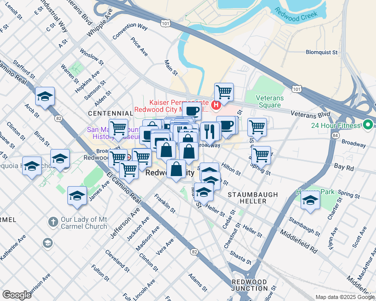 map of restaurants, bars, coffee shops, grocery stores, and more near 1991 Broadway in Redwood City