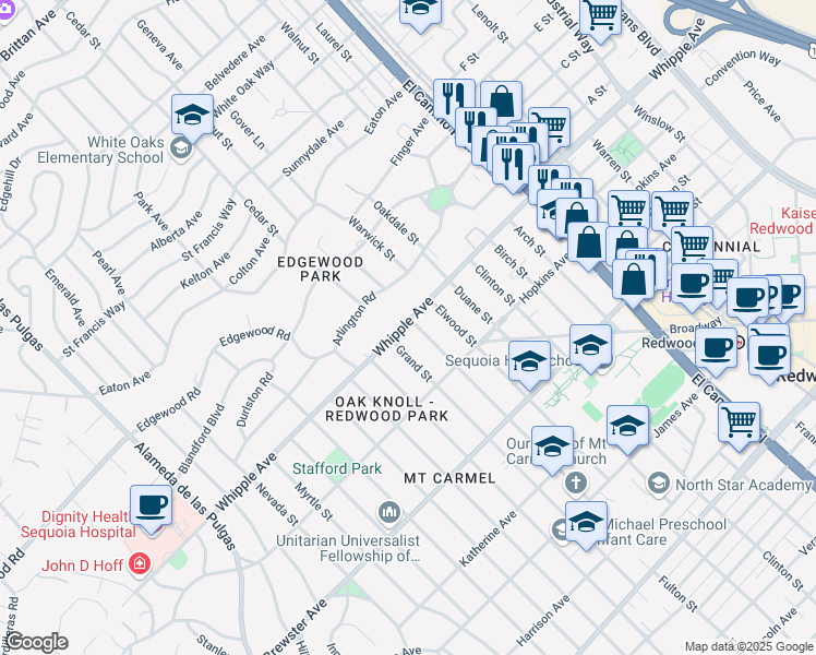 map of restaurants, bars, coffee shops, grocery stores, and more near 15 Fulton Street in Redwood City