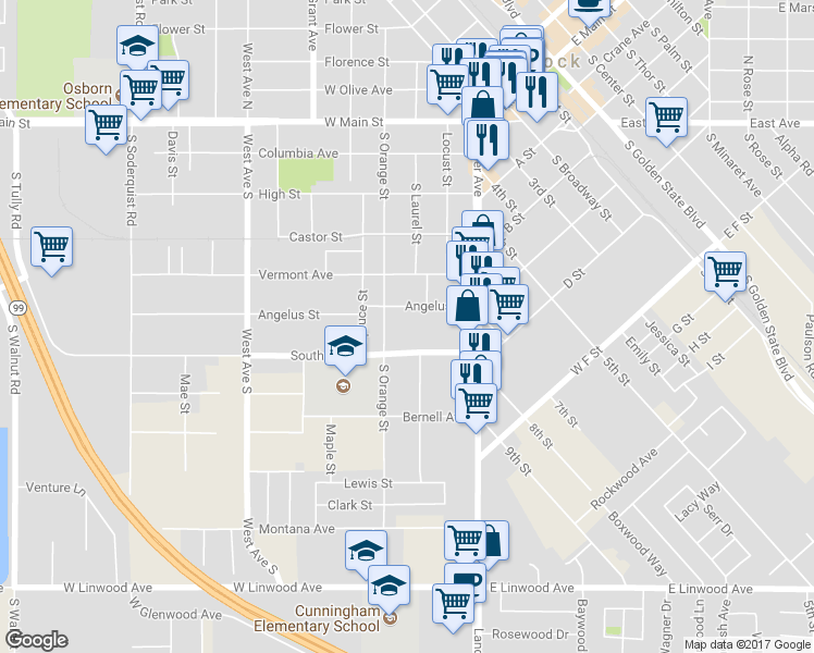 map of restaurants, bars, coffee shops, grocery stores, and more near 321 South Avenue in Turlock
