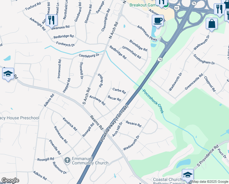 map of restaurants, bars, coffee shops, grocery stores, and more near 9333 Carbe Road in Richmond