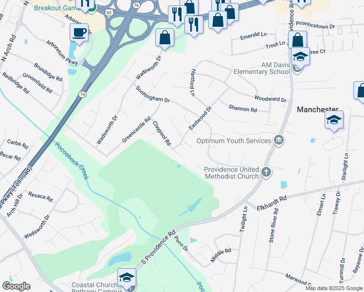 map of restaurants, bars, coffee shops, grocery stores, and more near 771 Eastwood Drive in Richmond
