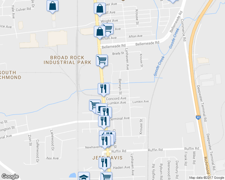 map of restaurants, bars, coffee shops, grocery stores, and more near 2413 Yorktown Avenue in Richmond