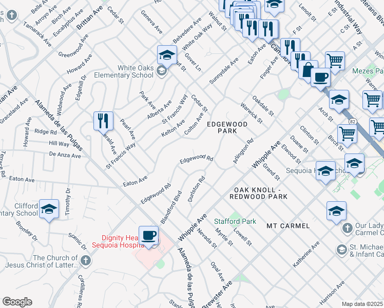 map of restaurants, bars, coffee shops, grocery stores, and more near 2 Edgewood Road in Redwood City