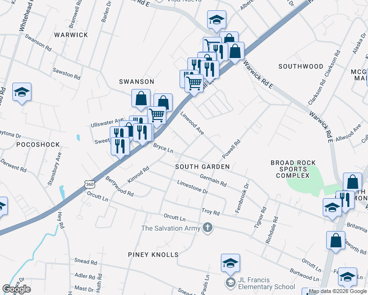 map of restaurants, bars, coffee shops, grocery stores, and more near 5501 Chesterfield Drive in Richmond
