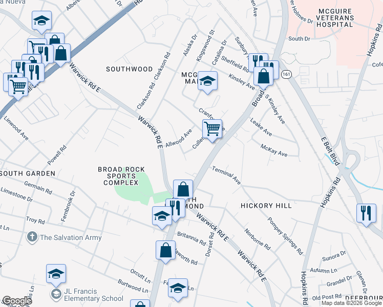 map of restaurants, bars, coffee shops, grocery stores, and more near 2237 Cullen Road in Richmond