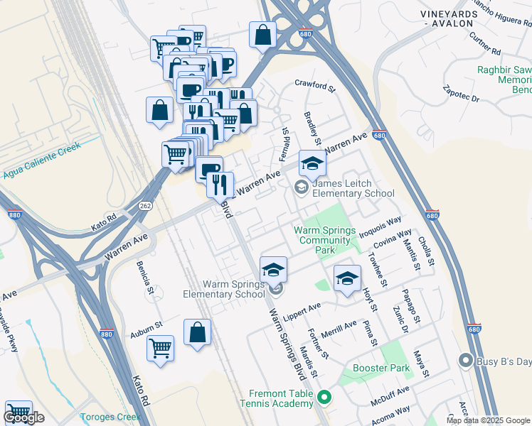 map of restaurants, bars, coffee shops, grocery stores, and more near 281 Hackamore Common in Fremont