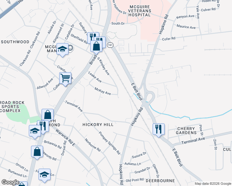 map of restaurants, bars, coffee shops, grocery stores, and more near 4000 McKay Avenue in Richmond
