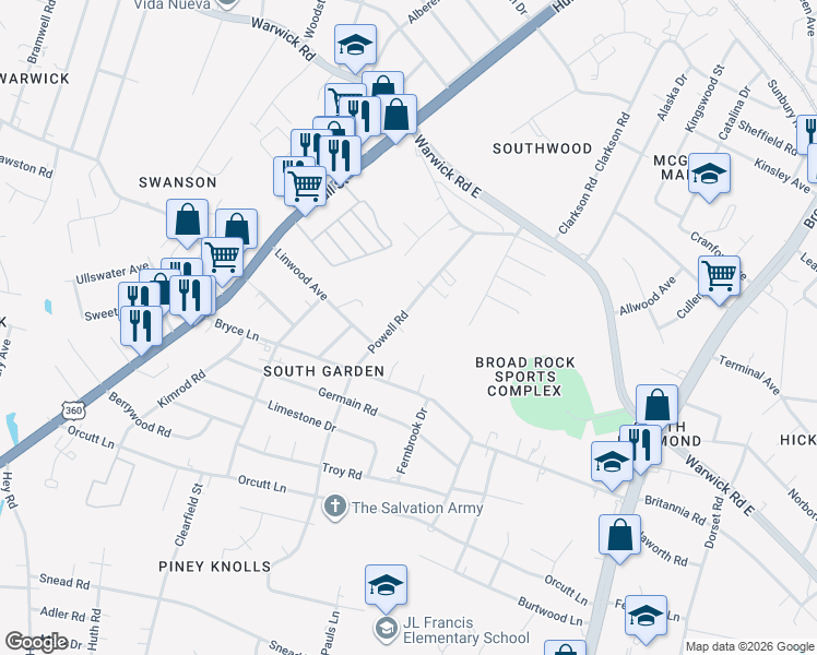 map of restaurants, bars, coffee shops, grocery stores, and more near 1935 Powell Road in Richmond