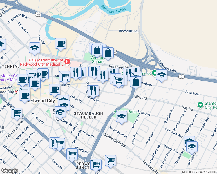 map of restaurants, bars, coffee shops, grocery stores, and more near 1212 Broadway in Redwood City