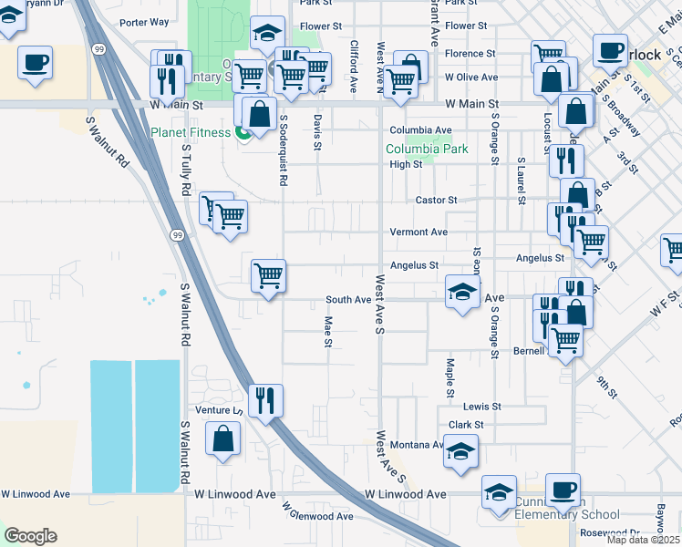 map of restaurants, bars, coffee shops, grocery stores, and more near 932 Angelus Street in Turlock