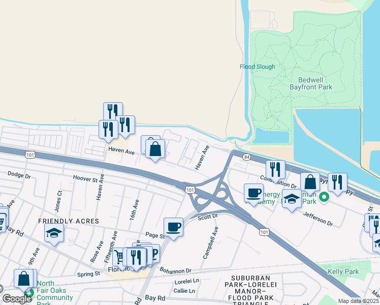 map of restaurants, bars, coffee shops, grocery stores, and more near 3645 Haven Avenue in Menlo Park