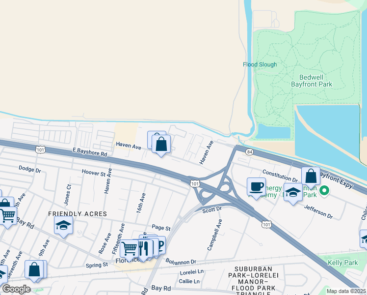 map of restaurants, bars, coffee shops, grocery stores, and more near 3639 Haven Avenue in Menlo Park