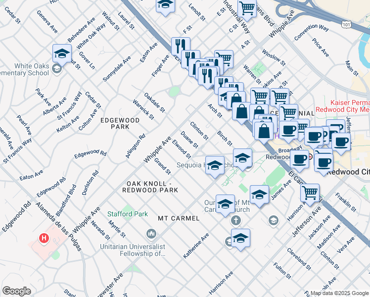 map of restaurants, bars, coffee shops, grocery stores, and more near 63 Elwood Street in Redwood City