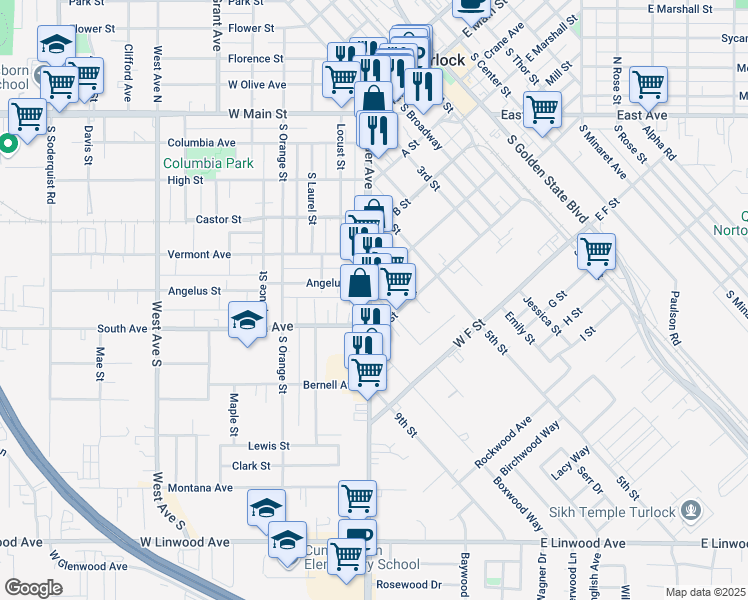 map of restaurants, bars, coffee shops, grocery stores, and more near 700 Lander Avenue in Turlock