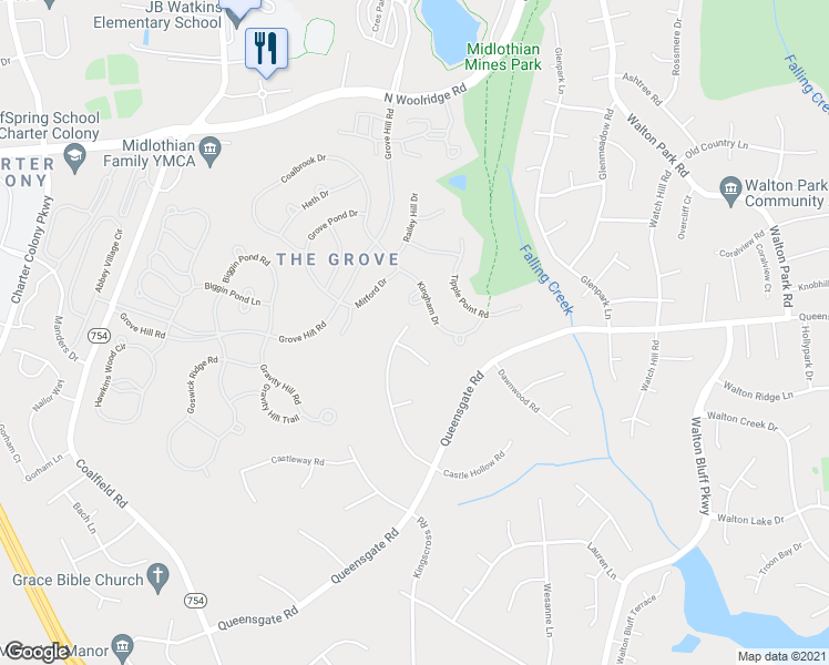 map of restaurants, bars, coffee shops, grocery stores, and more near 825 Castle Hollow Road in Midlothian