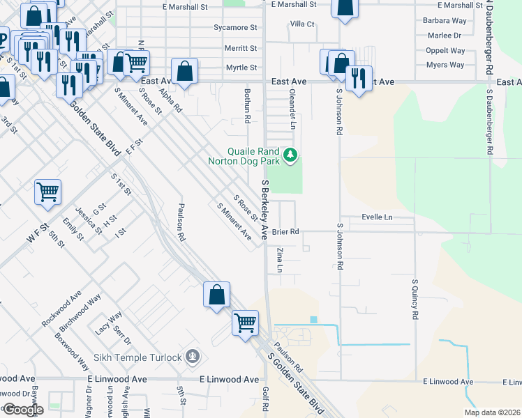 map of restaurants, bars, coffee shops, grocery stores, and more near 700 South Berkeley Avenue in Turlock
