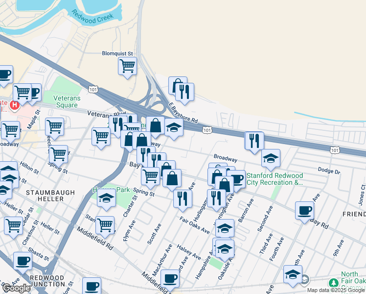 map of restaurants, bars, coffee shops, grocery stores, and more near 750 Broadway in Redwood City