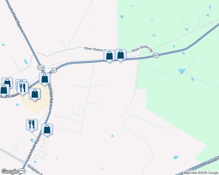 map of restaurants, bars, coffee shops, grocery stores, and more near 135 Farmview Lane in Leitchfield