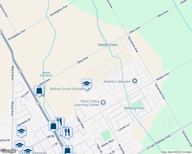 map of restaurants, bars, coffee shops, grocery stores, and more near 673 Walnut Avenue in Patterson