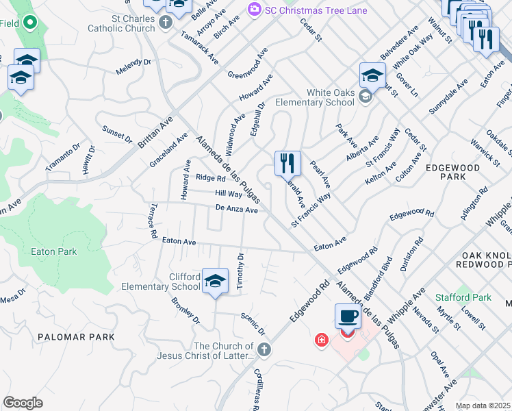 map of restaurants, bars, coffee shops, grocery stores, and more near 1460 Alameda de las Pulgas in San Carlos