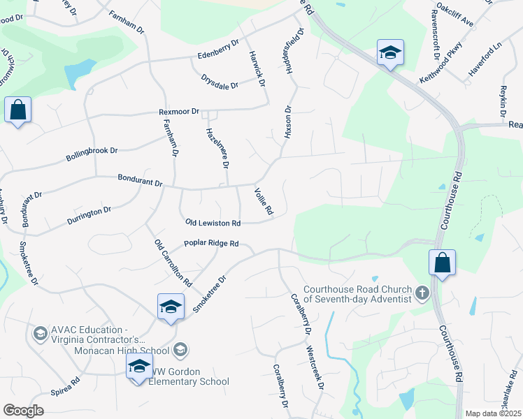 map of restaurants, bars, coffee shops, grocery stores, and more near 106 Vollie Road in Richmond