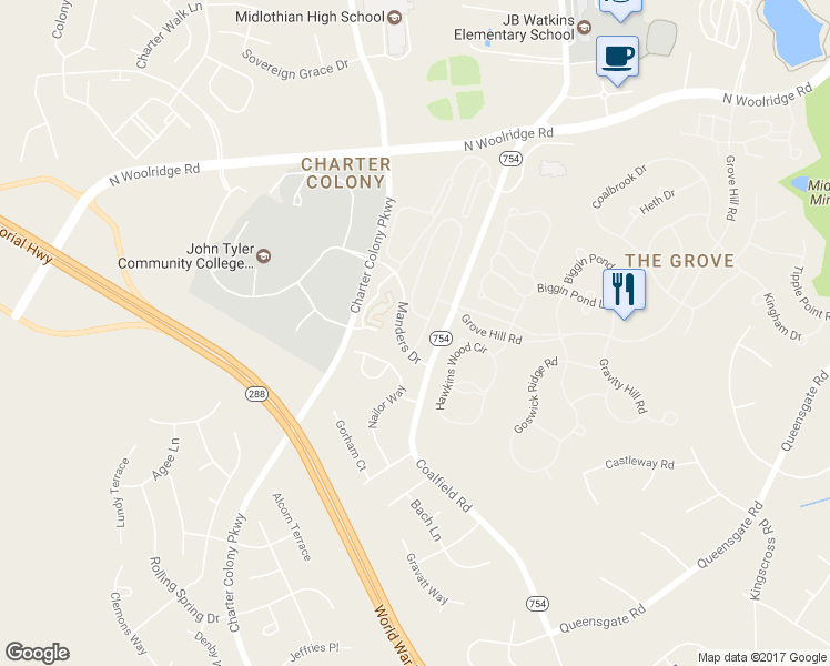 map of restaurants, bars, coffee shops, grocery stores, and more near 806 Abbey Village Circle in Midlothian