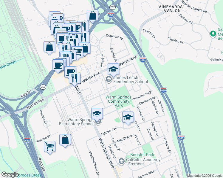 map of restaurants, bars, coffee shops, grocery stores, and more near 47144 Male Terrace in Fremont