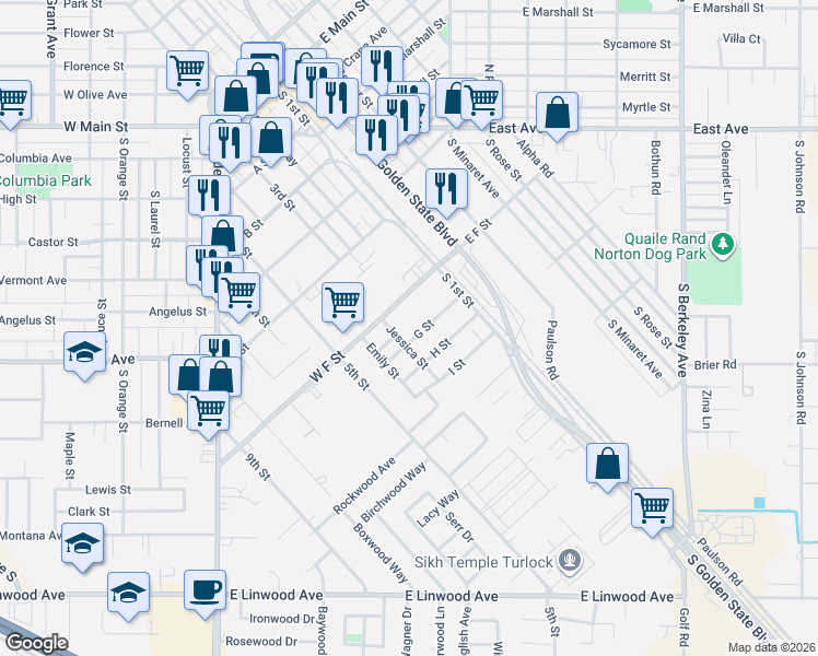 map of restaurants, bars, coffee shops, grocery stores, and more near 221 G Street in Turlock