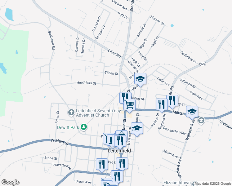 map of restaurants, bars, coffee shops, grocery stores, and more near 207 Conklin Street in Leitchfield