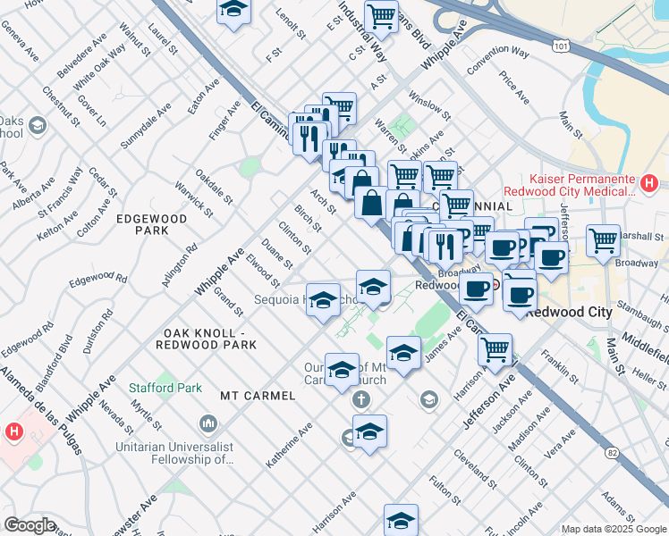 map of restaurants, bars, coffee shops, grocery stores, and more near 149 Clinton Street in Redwood City