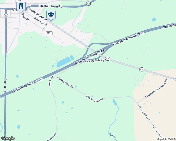map of restaurants, bars, coffee shops, grocery stores, and more near 2-498 Hickory Flats Road in Leitchfield
