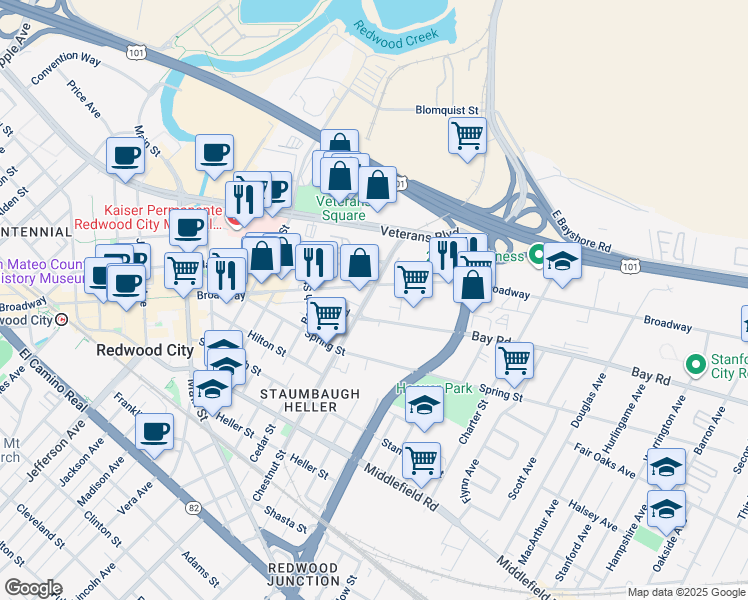 map of restaurants, bars, coffee shops, grocery stores, and more near 1212 Broadway in Redwood City