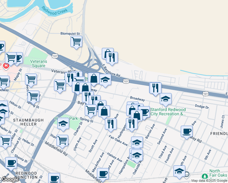 map of restaurants, bars, coffee shops, grocery stores, and more near 750 Broadway in Redwood City