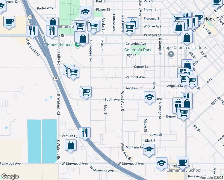 map of restaurants, bars, coffee shops, grocery stores, and more near 932 Angelus Street in Turlock