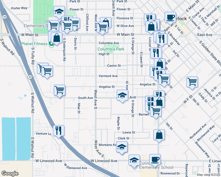 map of restaurants, bars, coffee shops, grocery stores, and more near 640 Angelus Street in Turlock